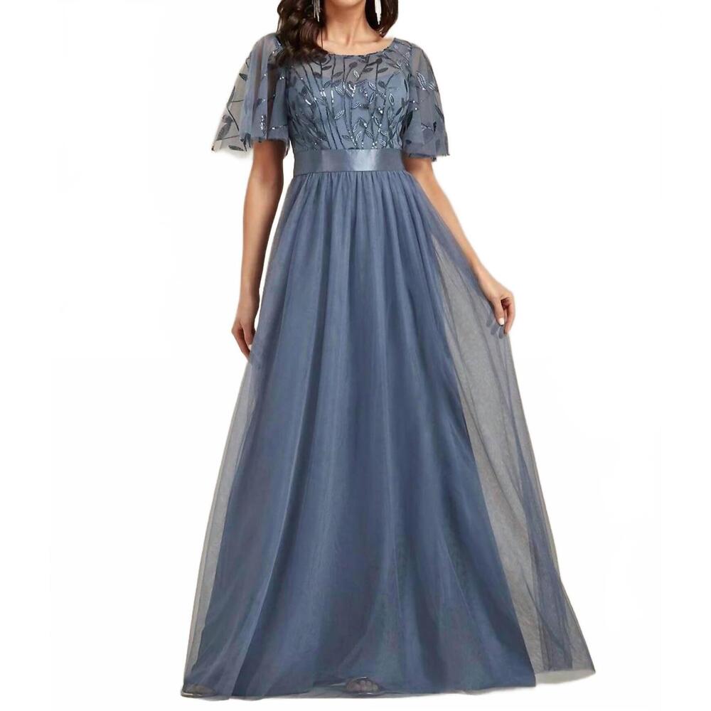 NEW EVER-PRETTY sequin bodice empire waist maxi prom dress with sleeves in dusty